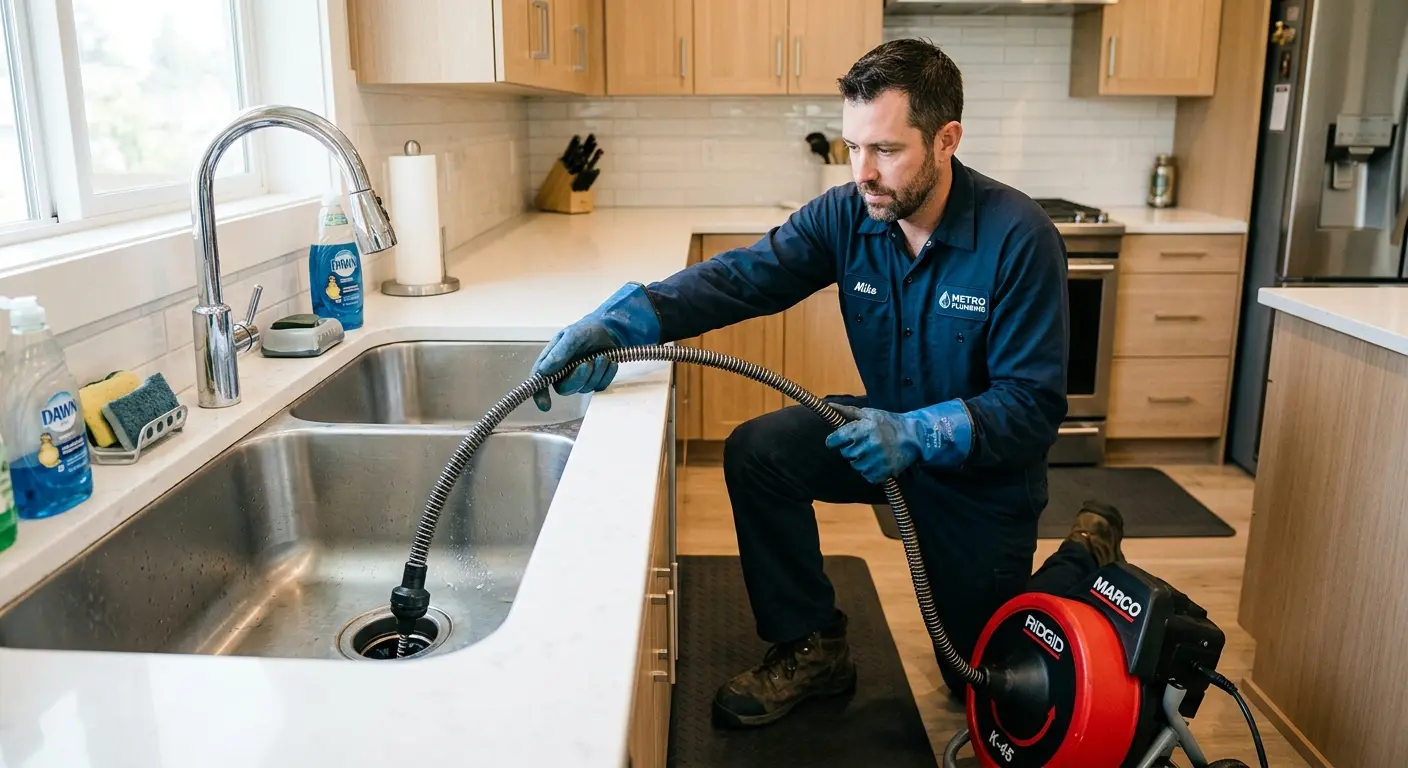 Drain cleaning technician using a motorized snake on a kitchen sink in Litchfield