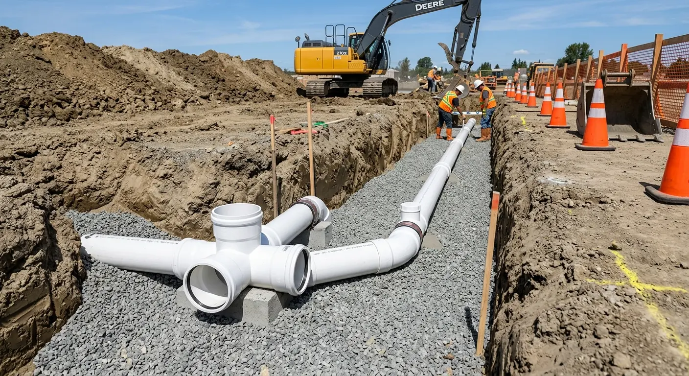 New PVC sewer pipe installation in open trench for Commercial Drain Cleaning in Litchfield