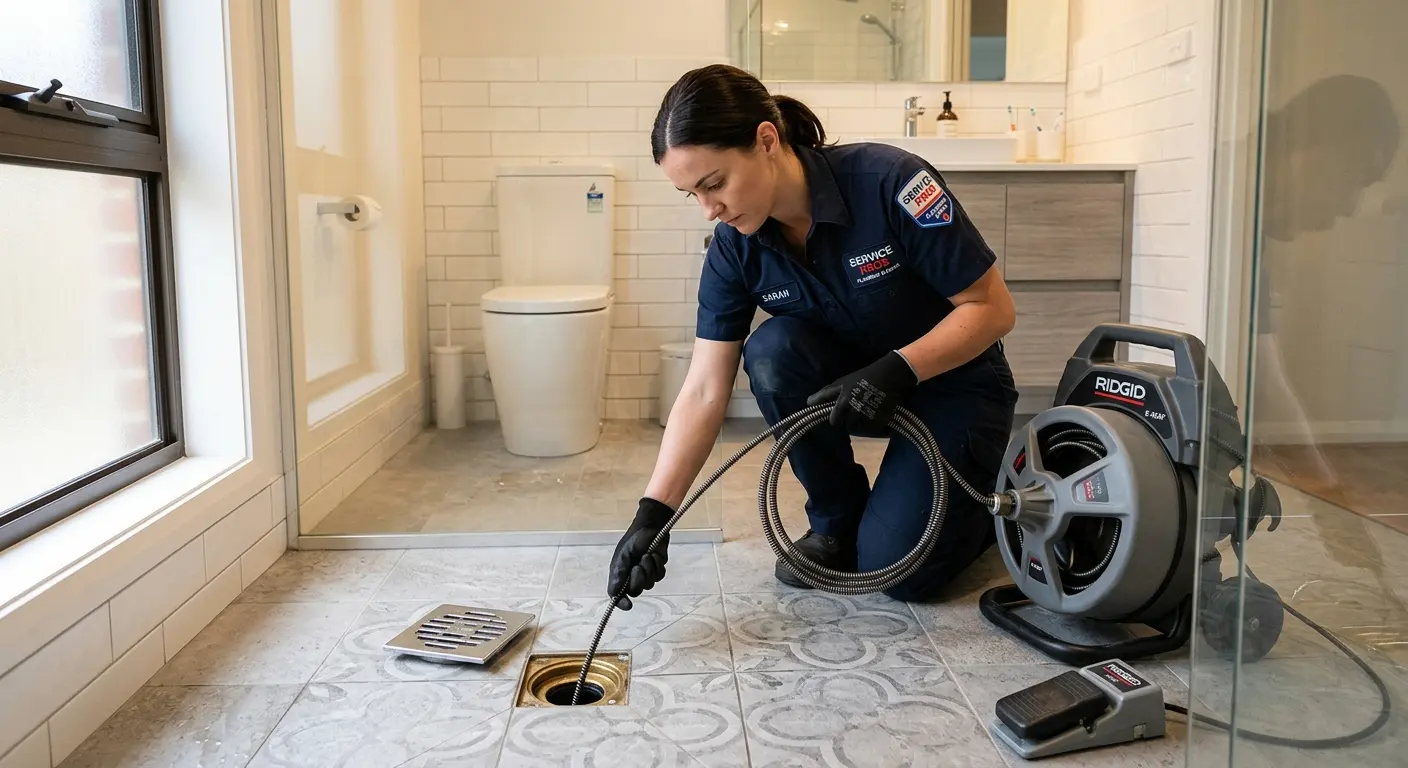 Technician clearing a bathroom floor drain for Drain Repair in Litchfield